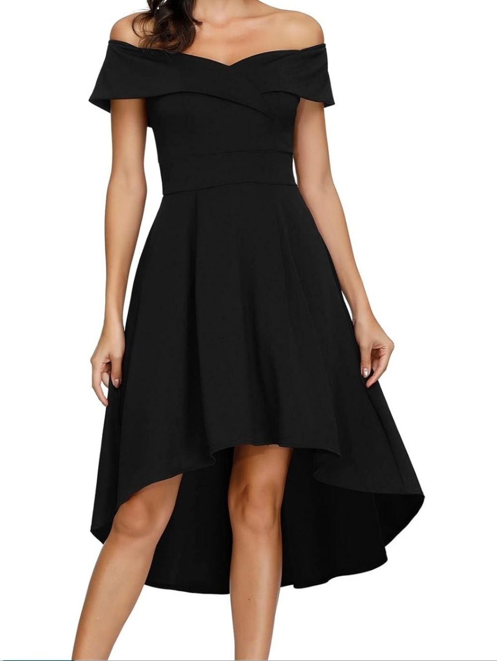 Off-Shoulder High-Low Evening Dress in Black 2X